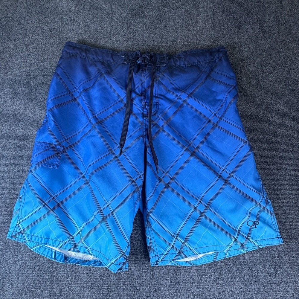 Ocean Pacific Board Shorts Mens 40x11.5 Blue Plaid Logo Drawstring Cargo Pocket‎